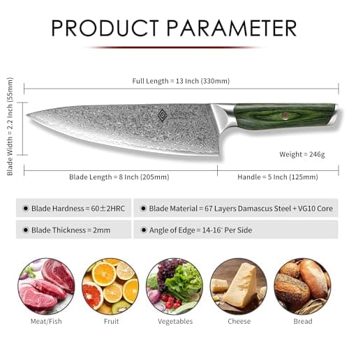 Damascus Chef Knife 8 Inch, Professional Japanese Kitchen Knives Sharp High Carbon Super Steel with Ergonomic Pakkawood Handles, Elegant Gift Box Packaging