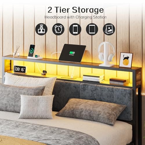 OLEVS Full Bed Frame with Headboard, Metal Platform Bed Full Size with 2-Tier Storage, LED Light & Charging Station Type C, No Box Spring Needed