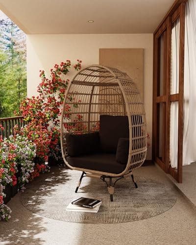 360°Oversize Swivel Egg Chair Outdoor, Heavy-Duty Steel Wicker Egg-Shaped Chair w/4 Cushions, Patio Rotating Rattan Egg Basket Lounge Seat for Patio, Porch, Backyard, Living Room, Black