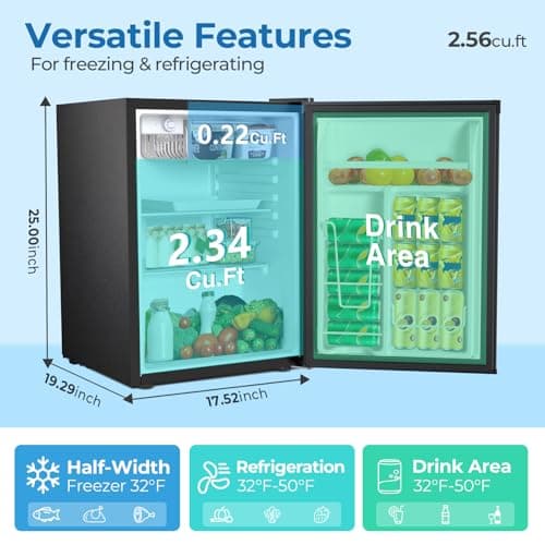 Compact Refrigerator 2.56 Cu.ft Mini Fridge with Freezer, Single Door Refrigerator with Adjustable Temperature Settings, Low noise, for Bedroom, Office, Dorm, Black