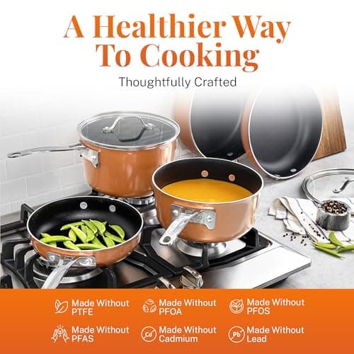 GOTHAM STEEL 10 Pc Copper Pots and Pans Set Non Stick Cookware Sets for Kitchen, Space Saving Pots and Pans with Fry Pan and Pot Set, Non Toxic, Nonstick Cookware Set, Oven and Dishwasher Safe