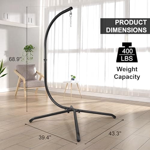 Hammock Swing Stand, C-Stand for Hanging Hammock Chairs with Buckle and Spring Hook, 400 Pound Capacity, Steel Stand Only, Outdoor Indoor Bedroom Patio Garden Balcony - Black