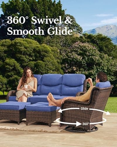 HILLGA Luxury Patio Furniture Set with 6-inch Thick Cushion, Outdoor Couch and High Back Swivel Rocker Patio Chairs, 7PCS Wicker Conversation Set for Deck Yard and Poolside, Blue (V2)