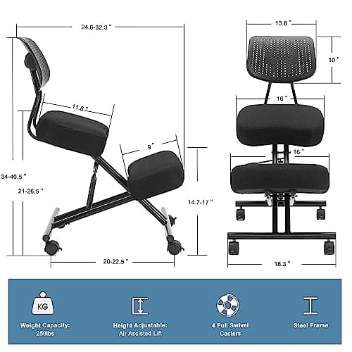 Ergonomic Kneeling Chair with Back Support, Ergonomic Kneeling Tool with Brake and Smooth Gliding Casters, Adjustable Stool for Home and Office, Posture Chair to Relieve Back Pain, Black Linen