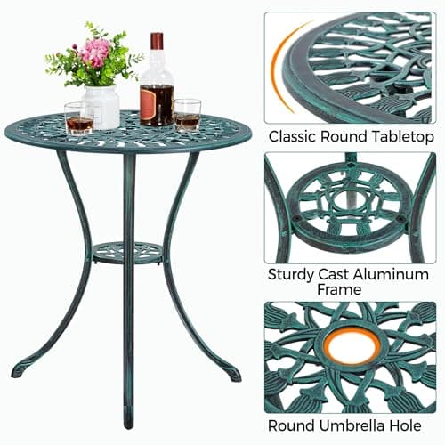 Yaheetech Patio Bistro Sets 3 Piece Cast Aluminum Bistro Table and Chairs Set, Cast Aluminum Bistro Table and Chairs Set of 2 with Umbrella Hole for Patio Backyard Balcony, Green
