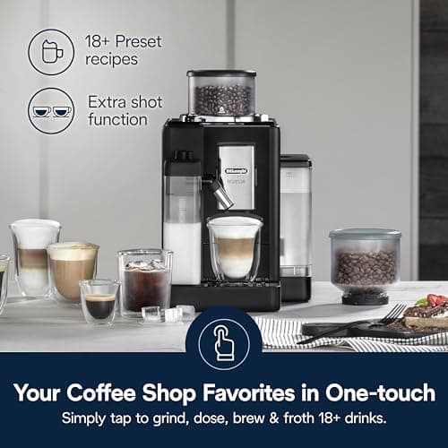 De'Longhi Rivelia Automatic Espresso Machine with Grinder & Milk Frother – All-in-One Coffee Maker, Hot & Iced Latte, Cappuccino, Bean Switch System, Burr Grinder, Compact Italian Design, Black