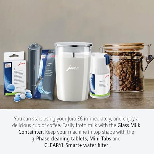 Jura 15622 E6 Automatic, Cost-Efficient Espresso Machine with Easy Cappuccino Function (Piano Black) Bundle with Milk Container, Cleaning Tablets, Filter Cartridge, and Milk System Cleaner (5 Items)