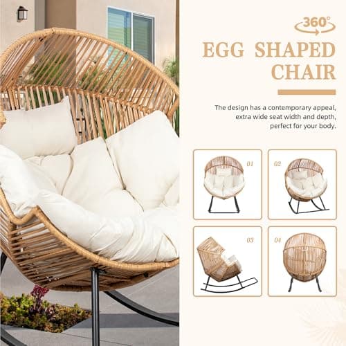 Vongrasig Wicker Egg Chair PE Rattan Rocking Chair with Cushion, Oversized Patio Lounge Rocker Chair for Outdoor, Indoor, Balcony, Backyard, Garden, Beige
