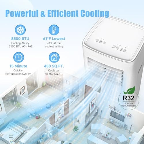 8500 BTU Portable Air Conditioners, 3-In-1 Cooling AC Unit with Fan & Dehumidifier, Air Conditioner Remote Control & Sleep Mode, Cools up to 450 sq.ft, Installation Kit for Rooms/Studios/Offices