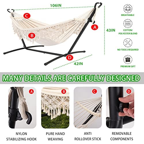 Double Hammock with Stand Upgraded Phone Holder Portable Heavy Duty Stainless Steel Indoor Outdoor Patio Yard Beach with Carrying Case （2022 Beige）