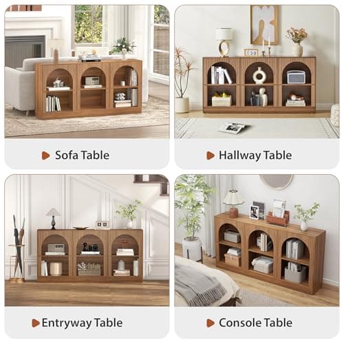 Console Table with 3-Tier Open Storage, 63" Arched Entryway Table with Carved Fluted Panels, Rectangular Wooden Sofa Table for Living Room, Hallway, or Behind Couch (1, Walnut)