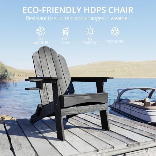 LUE BONA Folding Adirondack Chair Set of 4, Black HDPS Fire Pit Patio Chairs Weather Resistant, Modern Plastic Outdoor Chairs with Cup Holder