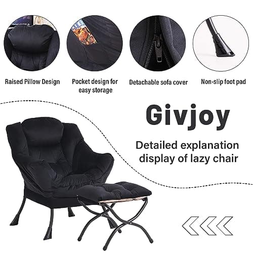 Lazy Chair and Ottoman, Large Accent Lounge Chair with Armrests and a Side Pocket, Modern Leisure Upholstered Sofa Reading Armchair with Footrest for Bedroom, Living Room, Dorm Rooms, Office