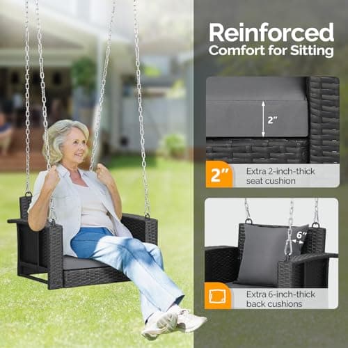 VINGLI 2.2 FT 1-Person Use Rattan Porch Swing Outdoor Support 440 LBS with Cushions & Adjustable Chains, Patio Wicker Swing Bench Chair for Garden, Yard, Lawn, Tree, Black
