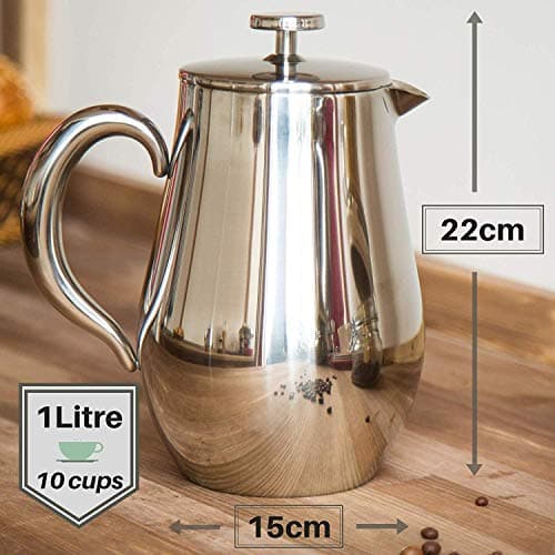 VeoHome - 1 Litre piston coffee maker - Unbreakable and keeps coffee hot for a long time thanks to its double stainless steel shell…