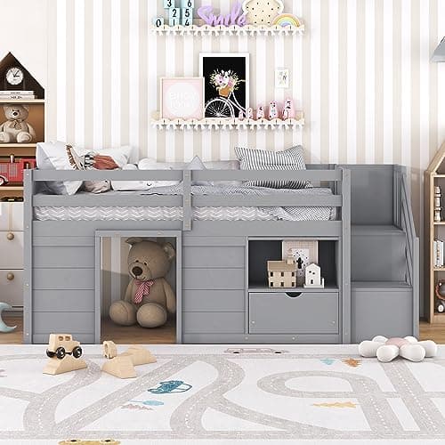 Bellemave Twin Size Low loft Bed for Kids,Wood Loft Beds,Modern Farmhouse Twin loft Bed,Loft Bed with Storage, No Box Spring Needed,for Kids,Gray