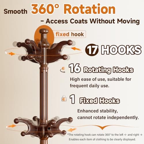 Solid Wood Rotary Coat Rack Freestanding, Heavy Duty Coat Hanger Stand with 2 layer Multi-direction Hooks, 360° Rotating Standing Coat Rack Tree for Entryway, Bedroom, Office, H: 77.6in (Walnut)