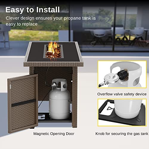 EAST OAK 57" Gas Fire Pit Table, 60,000 BTU Propane Fire Pit w/Large Tempered Glass Desktop, CSA Certified Outdoor Patio Fire Table with 9.2lb Glass Stone & Removable Lid, Chocolaty Coffee