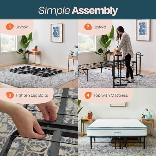Linenspa Folding Metal Platform Bed Frame - No Box Spring Needed - Underbed Storage - Simple Tool Free Assembly - Mattress Foundation - 14" High - Traditional Design - Sturdy Steel - Full Size