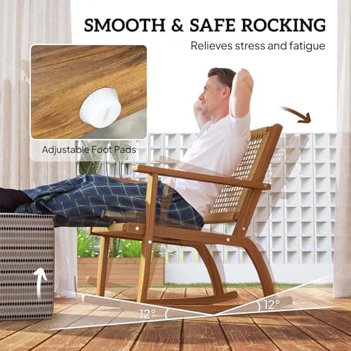 Outsunny Outdoor Rocking Chair Set of 2, Acacia Wood Outdoor Rockers with Armrests, Rattan Wicker Back and Seat, Patio Wooden Rocking Chair Set for Garden, Balcony, Porch, Khaki