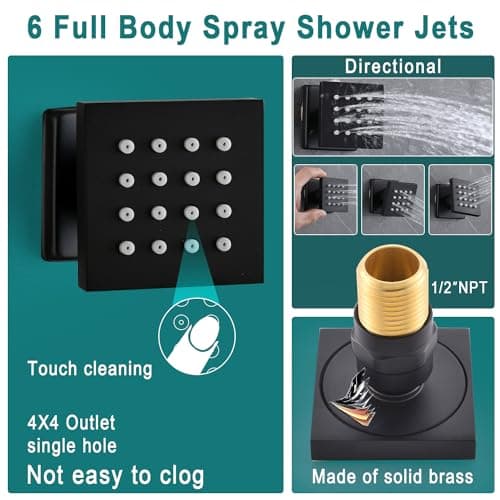HOMEDEC Black Full Shower Jets System, Ceiling Rain 16" LED Shower Faucet Set with 6 Pcs Body Sprays and Brass 3 Ways Thermostatic Valve, Can Use All At Once, 3/4inch Inlet Large Flow