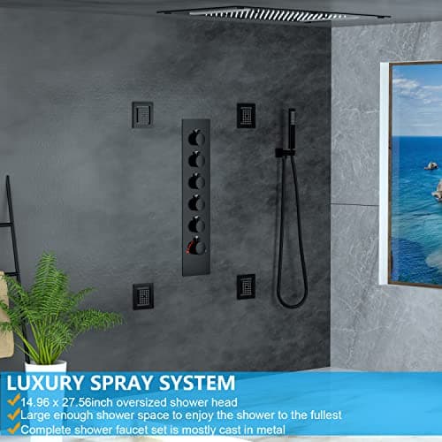 HOMEDEC Luxury Full Body Shower Jets System, 15x28inch Rain Shower Faucet Set Combo with 4pcs Adjustable Large Body Jet with Handheld Spray (Matte Black, 3 Functions Shower Head)