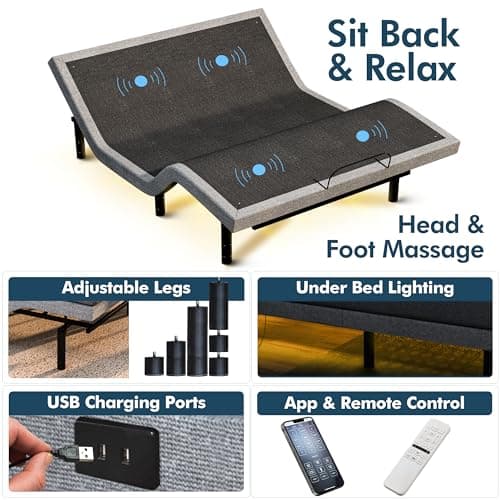 SFE Adjustable Bed with Mattress & Massage, Twin XL Adjustable Bed Frame + Medium Mattress - Cooling Gel Memory Foam Mattres, USB, UnderBed Light, Wireless Remote