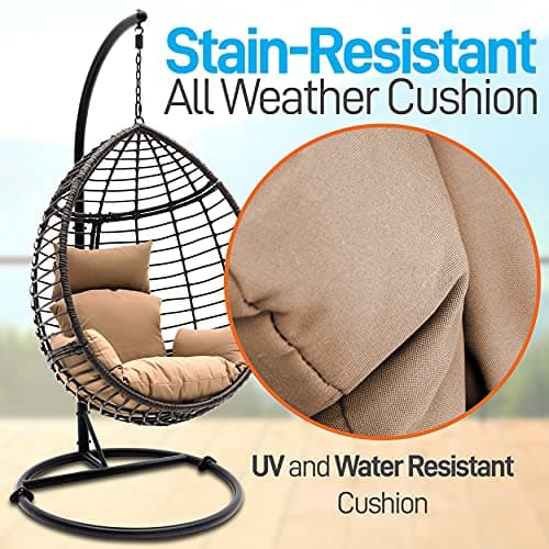 SereneLife Hanging Wicker Egg Swing Chair with Cushions & Stand – Brown Rattan Outdoor/Indoor Chair with 66 lb Capacity, Powder-Coated Steel Frame, Washable Weather-Resistant Cushions