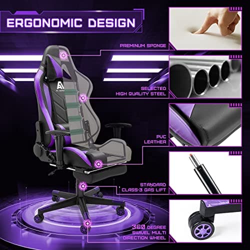Gaming Chair High Back Ergonomic Computer Racing Chair Adjustable Office Chair with Footrest, Lumbar Support Swivel Chair - Upgraded Version BlackPurple