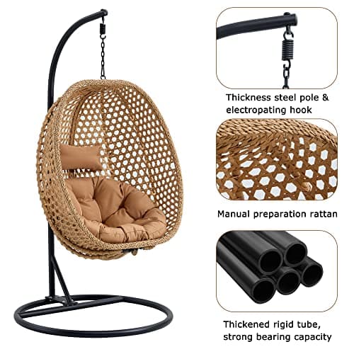 Hanging Egg Chair with Stand & Cushions, Outdoor and Indoor Hammock Rattan Swing Chair 350 lbs Capacity with Aluminum Steel Frame for Patio, Balcony, Backyard and Living Spaces (Light Brown)