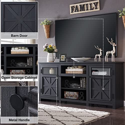 JXQTLINGMU Farmhouse TV Stand for 75 Inch TV, Entertainment Center with Storage, Rustic TV Cabinet with Barn Doors, 66" TV Console for Living Room, Adjustable Shelf - Black