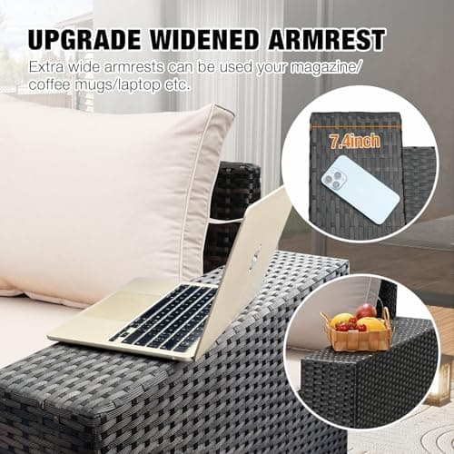 6 Pieces Patio Furniture Set All-Weather Outdoor Wicker Sectional Conversation Sofa Rattan Patio Seating Sofa with Cushion and Glass Table for Porch Poolside,Beige