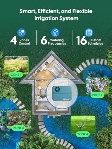 Smart Sprinklers Controller WiFi, Irrigation Controller Easy Use App Enabled, 4 Zone + 16 Plans, Save Water Auto Skin Rain, Freeze & Wind, 10 Minutes Install