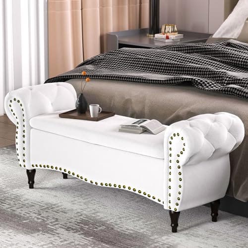 Storage Ottoman Bench, 53" Length Upholstered Bench & Ottoman with Safety Hinge, Tufted Bed Bench with Rolled Arm and Nailhead Trim, End of Bed Storage Bench for Bedroom, Living Room, Entryway