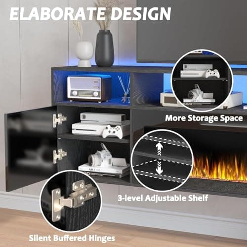 PUKAMI 70" Floating TV Stand with 36" Electric Fireplace,Wall Mounted Fireplace Entertainment Center with LED Lights and Highlight Storage Cabinet for TVs up to 80", for Living Room (Black)