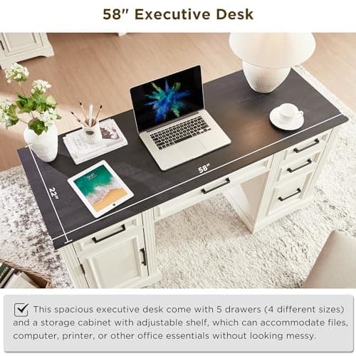 JXQTLINGMU 58" Executive Desk, Farmhouse Computer Desk with Drawers and Cabinet, Embossed Texture Home Office Desk w/Charging Station, Workspace for Work Study Writing, Off White