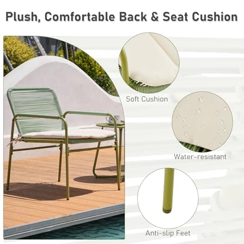 3-Piece Outdoor Wicker Patio Bistro Set, All-Weather Rattan Conversation Set with Round Side Table, Patio Furniture Set with Cushions for Deck, Balcony, Poolside, Porch and Yard, Green