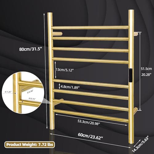 8 Bars Towel Warmer Rack, 23" Electric Wall Mounted Heated Towel Rack, Hot Towel Rails with Timer and Temperature Control for Bathroom, Brushed Gold