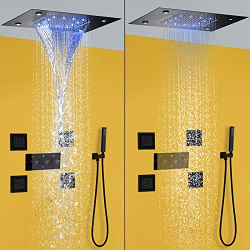Waterfall And Rain Shower System Faucet Set 14 X 20 Inch LED Ceiling Rainfall Matte Black Shower Head With Handheld Spray Combo Shower Body Jets For Bathroom