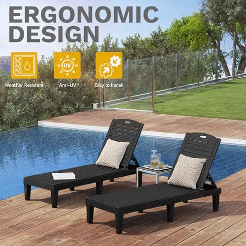 DWVO Outdoor Chaise Lounge, Pool Lounge Chair Set of 4 w/ 5-Level Backrest, Waterproof & Easy Assembly Patio Lounge Chair for Garden, Pool, and Beach (Black)
