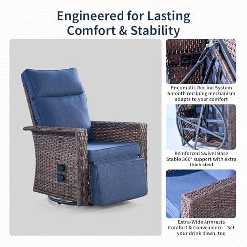 Swivel Patio Recliner Chairs Set of 2, 360° Rotation Outdoor Lounge Chairs, Adjustable Backrest & Footrest, Wide Armrests, PE Wicker with Removable Cushions for Deck, Poolside, Garden