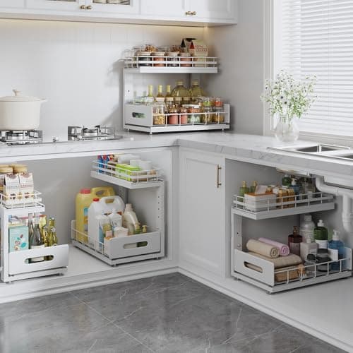 2 Pack Under Sink Organizer with Smooth Ball Bearing Slides, 2-Tier Pull Out Cabinet Storage, Slide Out Drawers for Bathroom and Kitchen, Under Sink Shelf, Rust-resistant Coating, Height Adjustable