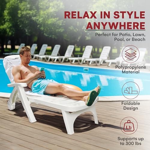 Wild Wolf Outfitters Outdoor Folding Lounge Chair - Adjustable Lightweight Chaise Pool Chairs - Plastic Chairs for Patio, Lawn, Deck or Beach- Outdoor Furniture - White, Chaise Lounge Outdoor