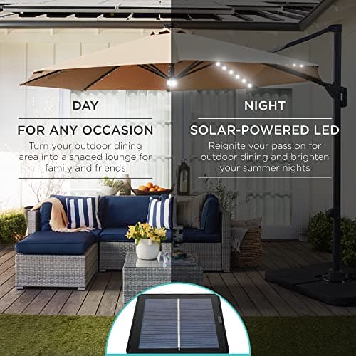 Best Choice Products 10ft Solar LED Cantilever Patio Umbrella, 360-Degree Rotation Hanging Offset Market Outdoor Sun Shade for Backyard, Deck, Poolside w/Lights, Easy Tilt, Cross Base