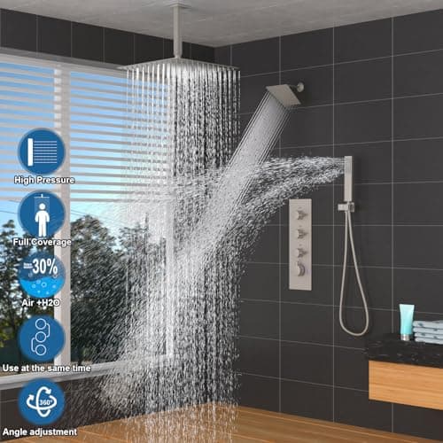 Enga Thermostatic Dual Head Shower System, 16" + 6" Dual Rainfall Shower System (Can All Run Together & Volume Adjustable) Dual Shower Head Combo Set, Brushed Nickel
