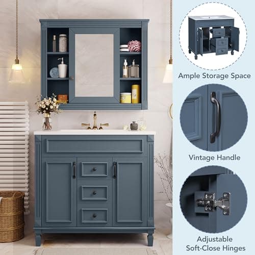 Merax 36" Bathroom Vanity with Sink, 36" Bathroom Vanity Cabinet with Matching Mirror Medicine Cabinet, Bathroom Storage Set (Blue)