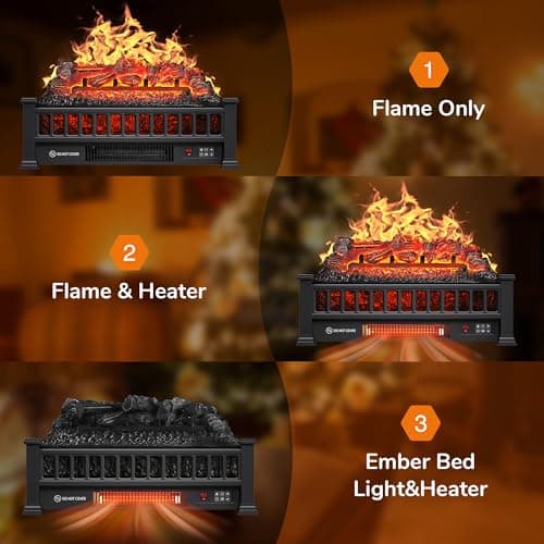 Electric Fireplace Logs 20-Inch, Remote Controller Fireplace Insert Log Heater, Adjustable Flame Colors, Realistic Fake firewood Flame, Overheat Protection, Timer, Thermostat, 1500W Black