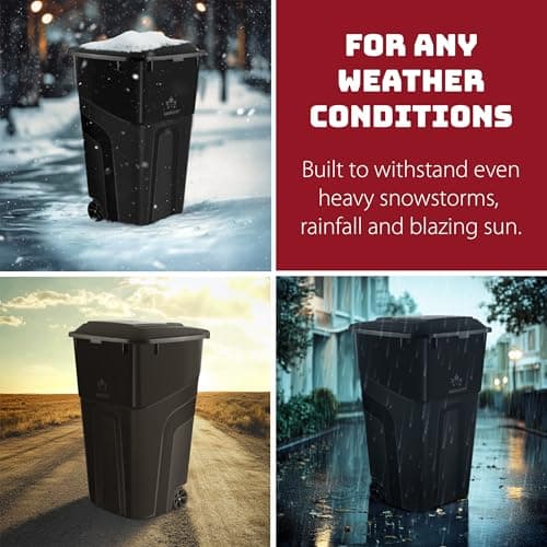 Trash Can With Lid - Ultimate Strength 32 Gallon Wheeled Garbage Can Trash Container - Professional Grade Outdoor Waste Bin with Secure Snap Lid and Ergonomic Handles, Outdoor Recycling Bins, 2 Pack
