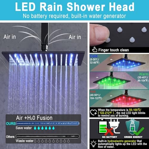 HOMEDEC 12inch Rain Shower System with Full Body Jets Sprays, Ceiling LED Brass Shower Faucet Set with 3 Functions Thermostatic Valve, Can Use All Function At Once