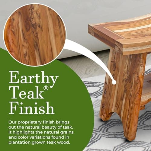 EcoDecors 18 Inch Serenity 300 Pound Capacity Waterproof Teak Wood Shower Bench Stool Seat Chair For Inside Shower Storage Shelf Provides Safety, and Storage, For Bathroom Accessories Natural Color